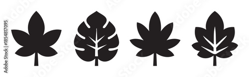 Four diverse black leaf silhouettes with various organic shapes and vein details represent nature's beauty in a minimalist vector illustration.