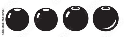 Four black olives with subtle white highlights are arranged horizontally in a simple, graphic illustration, perfect for food-related designs and culinary themes.