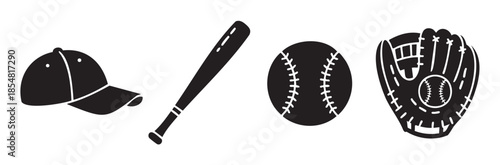 Baseball equipment set featuring a cap, bat, ball, and glove presented as a collection of simple black silhouette graphic illustrations.
