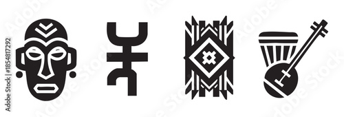 African tribal cultural symbols and icons representing traditional art, music, and heritage in a minimalist black and white vector illustration.