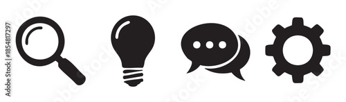 Four essential black flat vector business icons representing search, idea, communication, and settings for various digital concepts and processes.