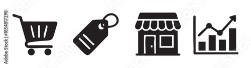 Shopping cart, price tag, store, and chart icons represent essential elements of retail, e-commerce, and business growth, perfect for digital marketing and financial presentations.