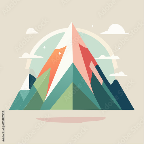 Stylized mountain landscape with geometric shapes and pastel colors, featuring a central peak and surrounding hills.