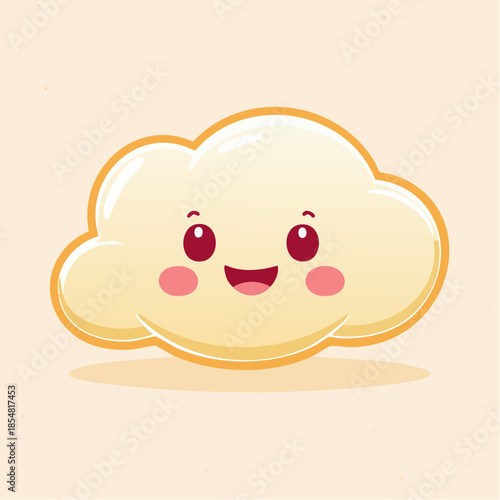 Cute cartoon cloud with a happy face and pink cheeks on a beige background.
