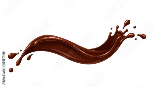 A luscious wave of glossy melted chocolate swirls dynamically through the air, arching in a smooth, rich ribbon before fracturing into energetic droplets against a stark white background