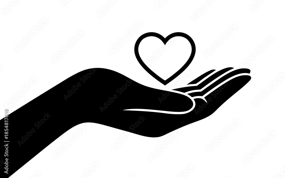 Fototapeta premium Vector icon silhouette of a hand with a heart, palm holding a heart, symbol of care, love, and charity, isolated on a transparent background