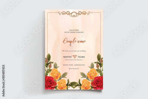 WEDDING INVITATION FRAME WITH FLOWER DECORATIONS AND FRESH LEAVES