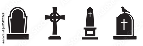 Four different gravestones and memorial markers in various shapes and designs, including a Celtic cross, an obelisk, and a traditional headstone with a bird, representing remembrance and loss.