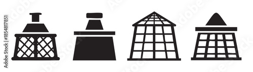 Four distinct graphic lighthouses or abstract tower icons are presented together in a simple black silhouette style, conveying navigation and guidance.
