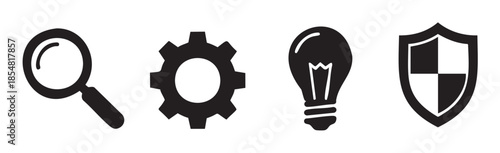 Magnifying glass gear lightbulb shield icons representing essential concepts for business, technology, security, and innovative problem-solving solutions.