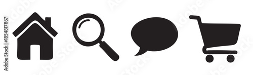 Essential web interface symbols for home, search, chat, and shopping cart functions, representing common digital user experience elements.