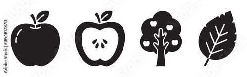 Apple and tree icons representing nature, healthy eating, and organic produce in a clean, minimalist graphic style suitable for various design projects.