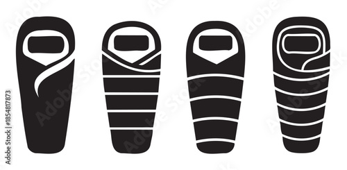 Sleeping bags vector icons set for outdoor adventure, camping, and travel, illustrating essential gear for comfortable rest in nature.