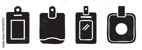 ID card holders, identification badges, and security passes vector icons set for employee identification, access control, and event entry purposes.