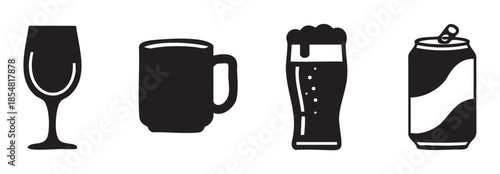 Drink containers and glasses vector icons set illustrating various types of alcoholic and non-alcoholic beverages for menus, apps, and web design.
