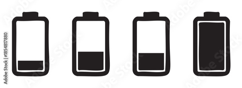 Four hand drawn battery icons showing different charge levels from empty to full, representing power status and energy consumption.