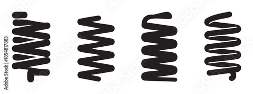 Abstract black wavy spiral shapes with varying thicknesses and curves are presented as versatile graphic elements for modern design.