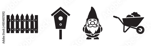 Garden elements icons set featuring a picket fence, birdhouse, charming gnome, and wheelbarrow full of soil, representing outdoor activities and home decor.