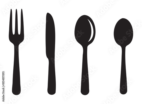 Cutlery set featuring a fork, knife, and two spoons, presented as clean black silhouettes for a modern and versatile design element.