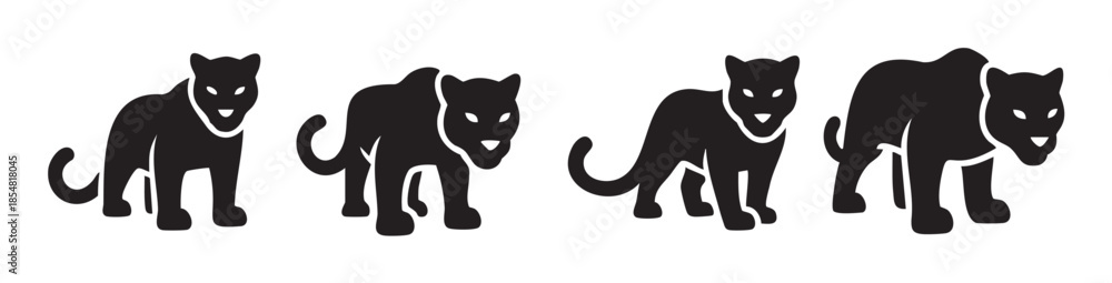 Obraz premium Four black panther big cat animal silhouettes are depicted in various dynamic poses, showcasing their powerful and sleek forms as iconic wild creatures.