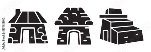 Three stylized black silhouette buildings representing various architectural styles and historical dwellings, depicted as simple graphic icons.