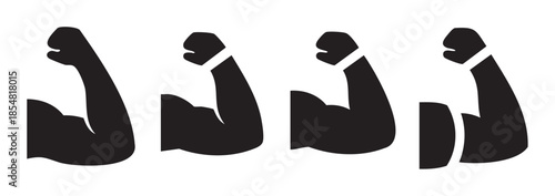 Flexed arm muscles showing strength and power are depicted in this bold black and white graphic illustration representing fitness and determination.