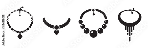 Four elegant necklaces jewelry collection icons set in a minimalist black and white vector style, representing various fashion accessories.