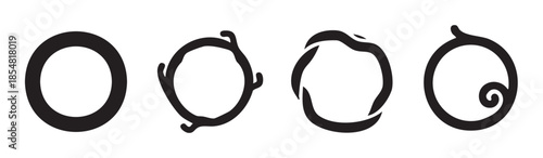 Four distinct black circular shapes are arranged horizontally, each featuring a unique and abstract design, illustrating creative variations of a fundamental geometric form.