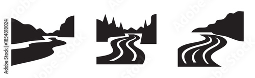 Rivers flowing through mountainous terrain are depicted in a set of three stylized vector illustrations, showcasing different natural environments.