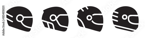 Four stylized motorcycle helmets presented as a collection of protective headgear for riders and racers, featuring various designs for safety and speed.
