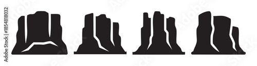 Four stylized black rock formations stand tall, representing a rugged desert landscape or natural monument, suitable for various design projects.