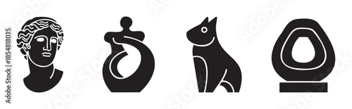 Various ancient and modern art sculptures and figures are depicted as elegant black silhouettes, showcasing a blend of classical and contemporary artistic styles.