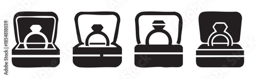 Four engagement rings in boxes are displayed as elegant black silhouette icons, symbolizing proposals, love, and commitment in a clean, graphic style.
