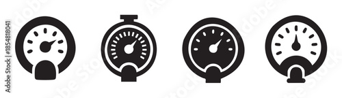 Four black and white gauge icons represent various measurement tools and indicators for industrial, automotive, or digital interface designs.