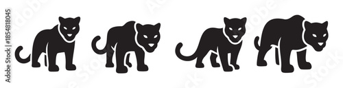 Four black panther big cat animal silhouettes are depicted in various dynamic poses, showcasing their powerful and sleek forms as iconic wild creatures.