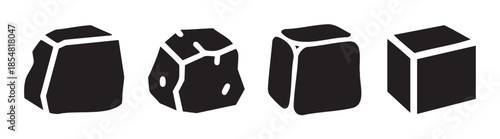 Four abstract black stone shapes with white outlines and internal facets creating a minimalist graphic design element for various creative projects.