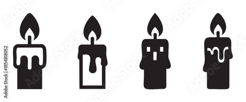 Four burning candles silhouette icons showcasing various stylized melting wax designs, perfect for symbolizing light, warmth, and festive occasions.