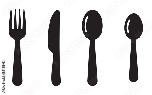 Four black silhouettes of kitchen cutlery utensils, including a fork, knife, tablespoon, and teaspoon, arranged neatly in a simple, modern vector style.
