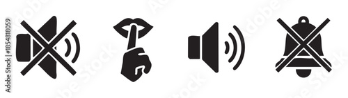 Mute speaker shush bell icons representing sound control, silence, and notification settings for digital interfaces and user experience.