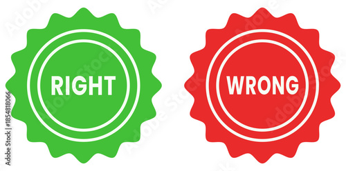 Right and Wrong Decisions: Two contrasting emblems present a clear dichotomy between Right and Wrong in an impactful design, illustrating pivotal decision-making. 