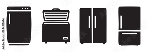Household appliances set including washing machine and various refrigerators, freezers, and cooling units depicted as modern black silhouette icons.