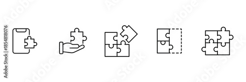 Puzzle solution icon set, strategy task planning, problem solving teamwork, missing piece concept, successful connection integration outline illustration.