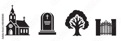 Church, gravestone, tree, and gate icons depicting essential elements of a cemetery or funeral service in a clean, minimalist black silhouette design.