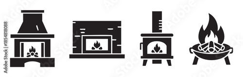 Set of various fireplaces and heating elements, including traditional indoor and outdoor designs, a wood-burning stove, and a cozy campfire, all depicted as black silhouette icons.