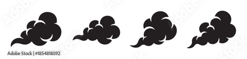 Smoke clouds vector illustration set showing various shapes of dark vapor or fumes moving horizontally, perfect for graphic design elements.