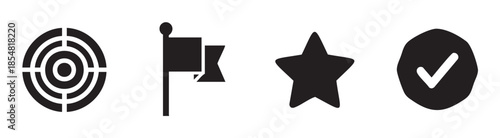 Target flag star checkmark icons set representing achievement, success, quality, and important milestones in a clean, modern graphic design.