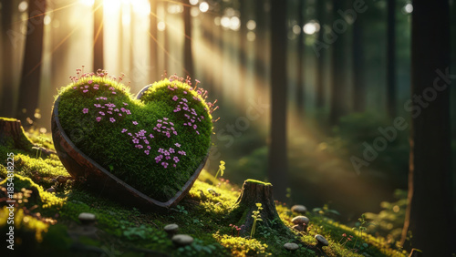 Wallpaper Mural A moss-covered heart adorned with delicate pink flowers bathed in golden forest sunlight Torontodigital.ca