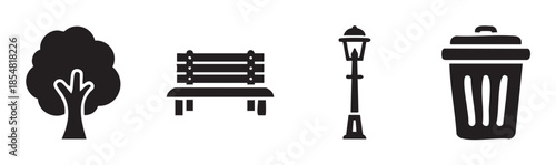 Tree, bench, lamppost, and trash can icons represent common elements found in a public park or outdoor recreational area, perfect for urban planning designs.