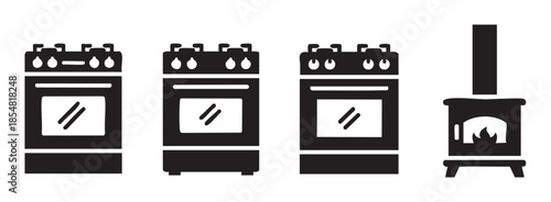 Kitchen stoves and wood burning fireplace icons representing various home heating and cooking appliances in a simple black silhouette style.