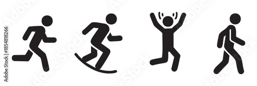 Black stick figures illustrating various human actions, including running, skiing, jumping, and walking, presented as simple pictograms.